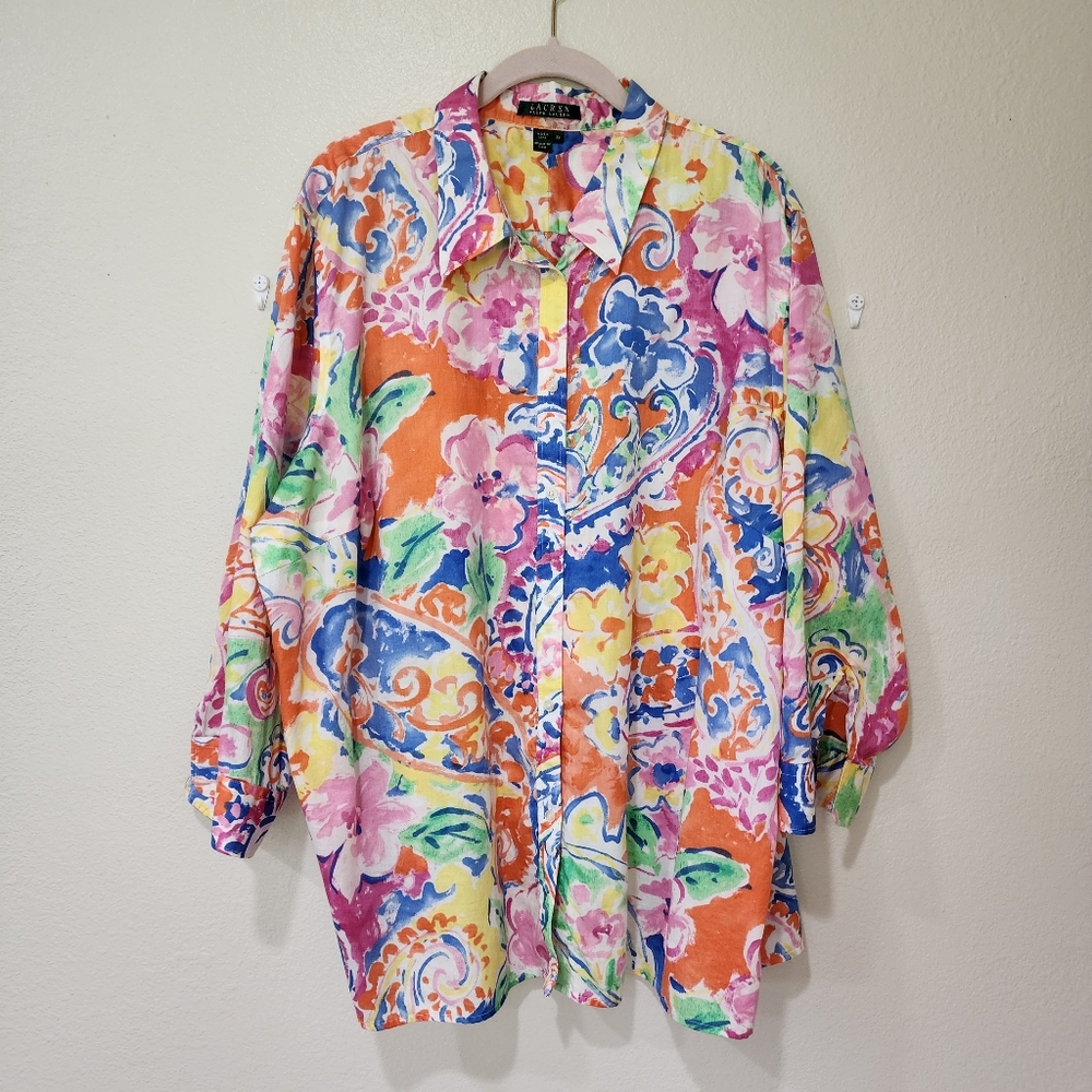 Lauren Ralph Lauren Blouse Abstract Floral Paisley Watercolor Pastel size 3X